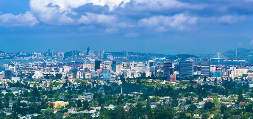 Oakland, California skyline and residential neighborhoods seen from the hills