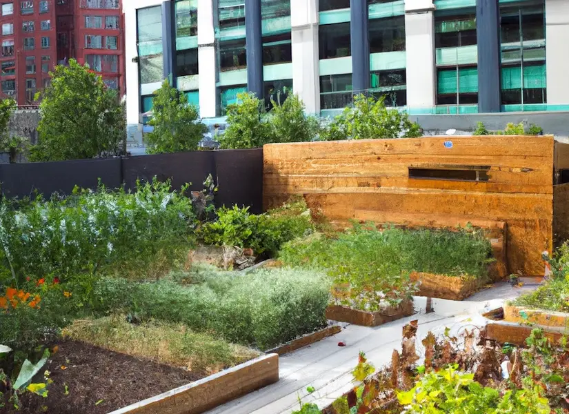Raised beds with vegetables and flowers on a rooftop garden beside a city building
