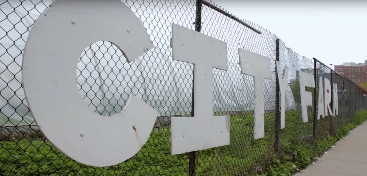 Large letters spelling City Farm on a chain-link fence along a sidewalk