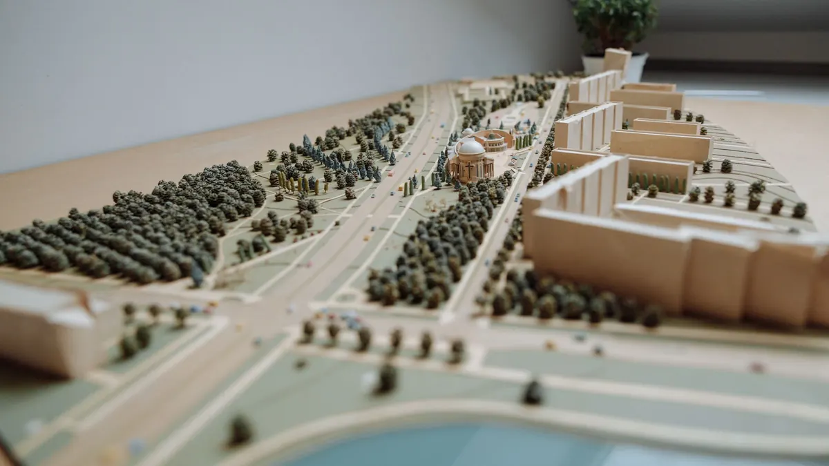 A scale model of a city street layout