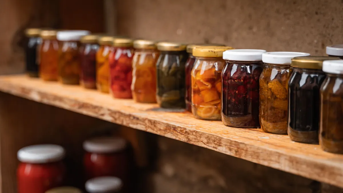 Jars of homemade preserves lined up on a wooden shelf