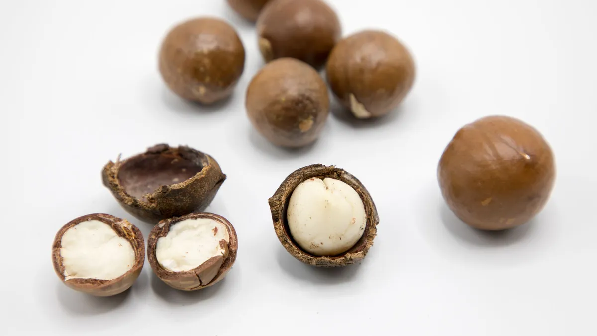 Whole and cracked macadamia nuts on a white surface