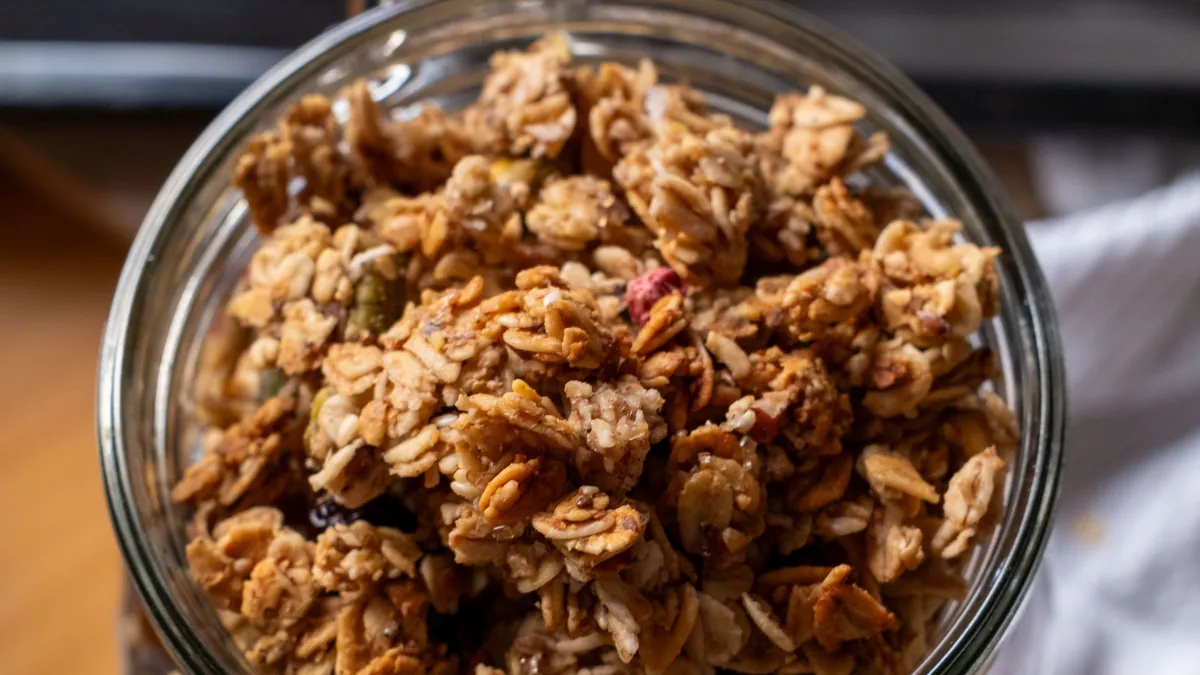 Glass jar filled with homemade granola