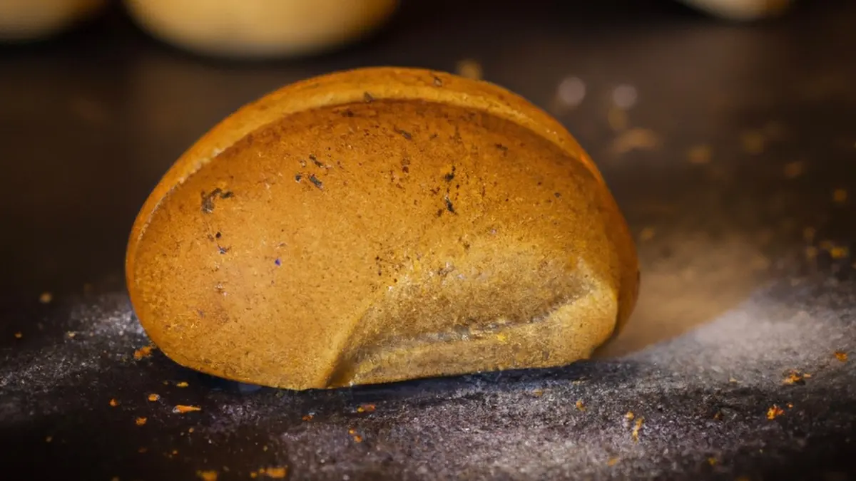 Rustic bread roll dusted with flour on a dark table