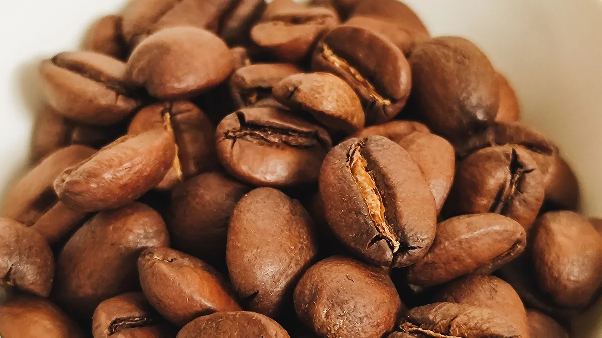 Roasted coffee beans in a white bowl