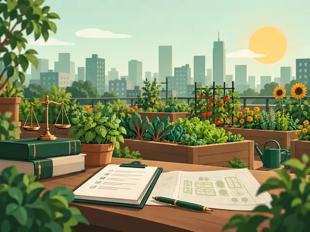 Rooftop urban garden with raised beds, law books and scales of justice, and a checklist in front of a city skyline