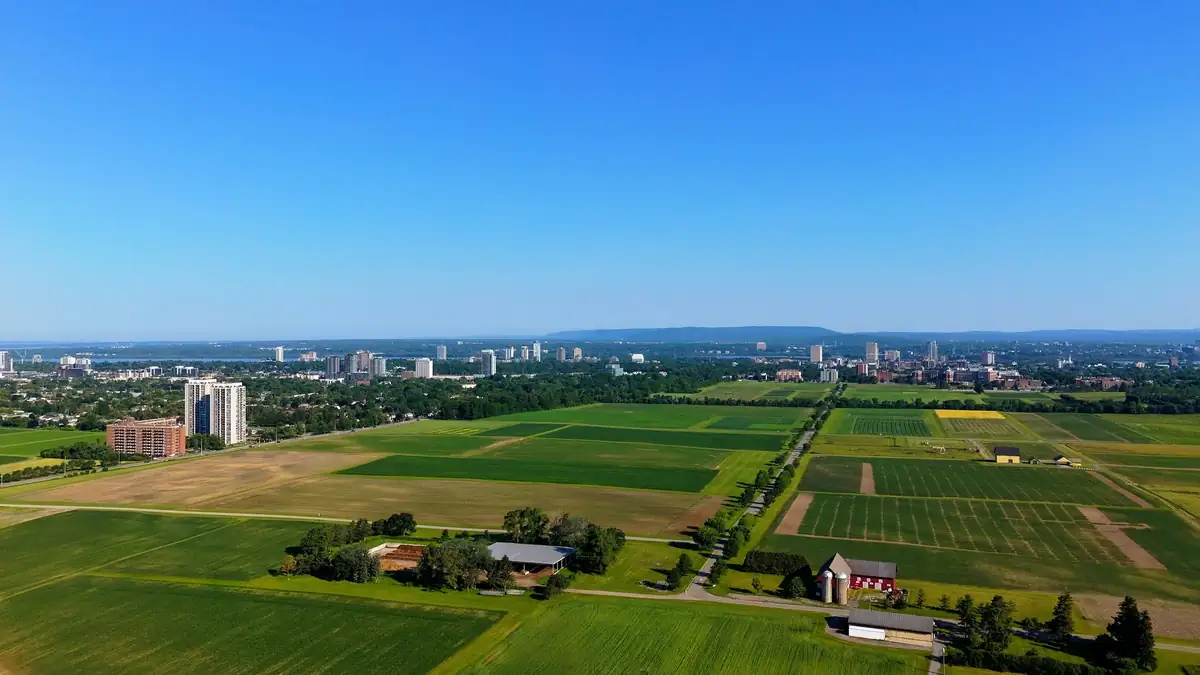 Green farm fields in the foreground with a city skyline and hills in the distance under a clear blue sky