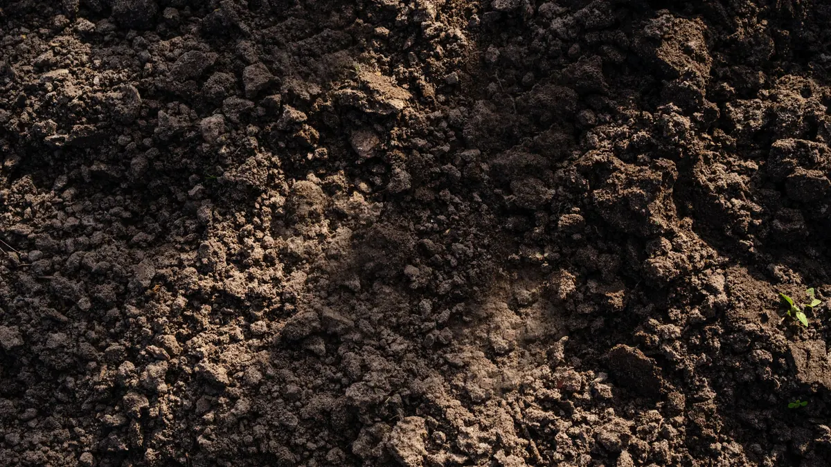 Close view of freshly turned dark garden soil
