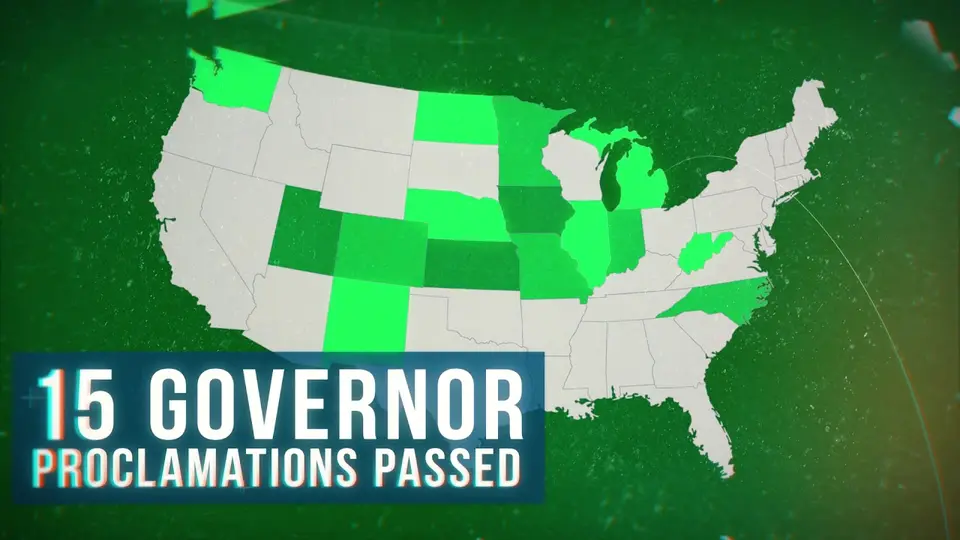 Video preview: map of the United States with the text 15 governor proclamations passed