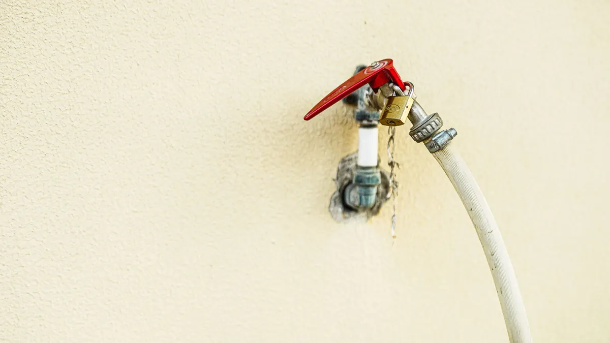 An outdoor water faucet with a red handle on a wall